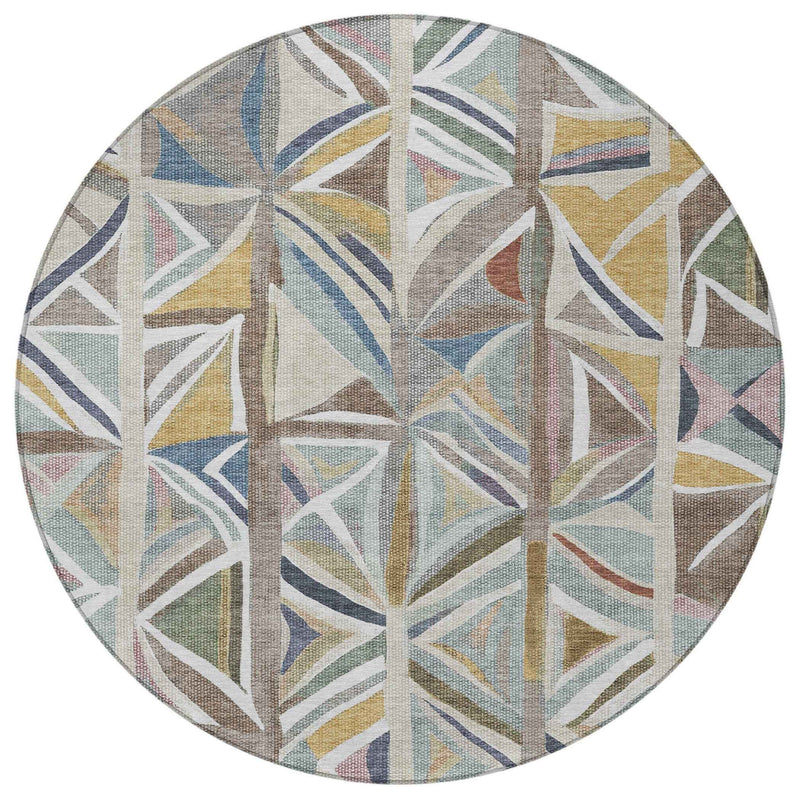 8' Taupe Ivory And Gold Round Geometric Washable Indoor Outdoor Area Rug