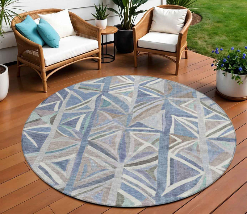 8' Denim Blue And Ivory Round Geometric Washable Indoor Outdoor Area Rug