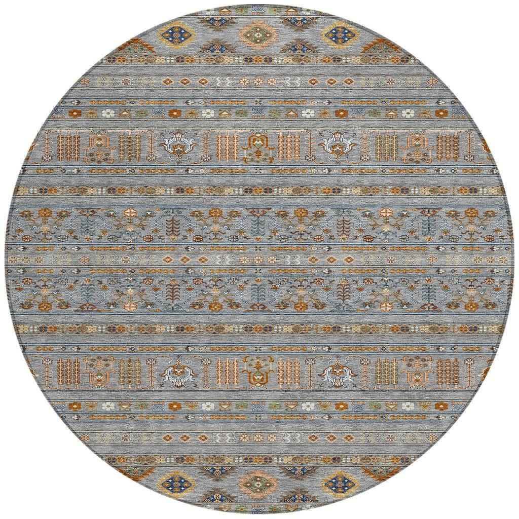 8' Gray Blue And Copper Round Tribal Washable Indoor Outdoor Area Rug