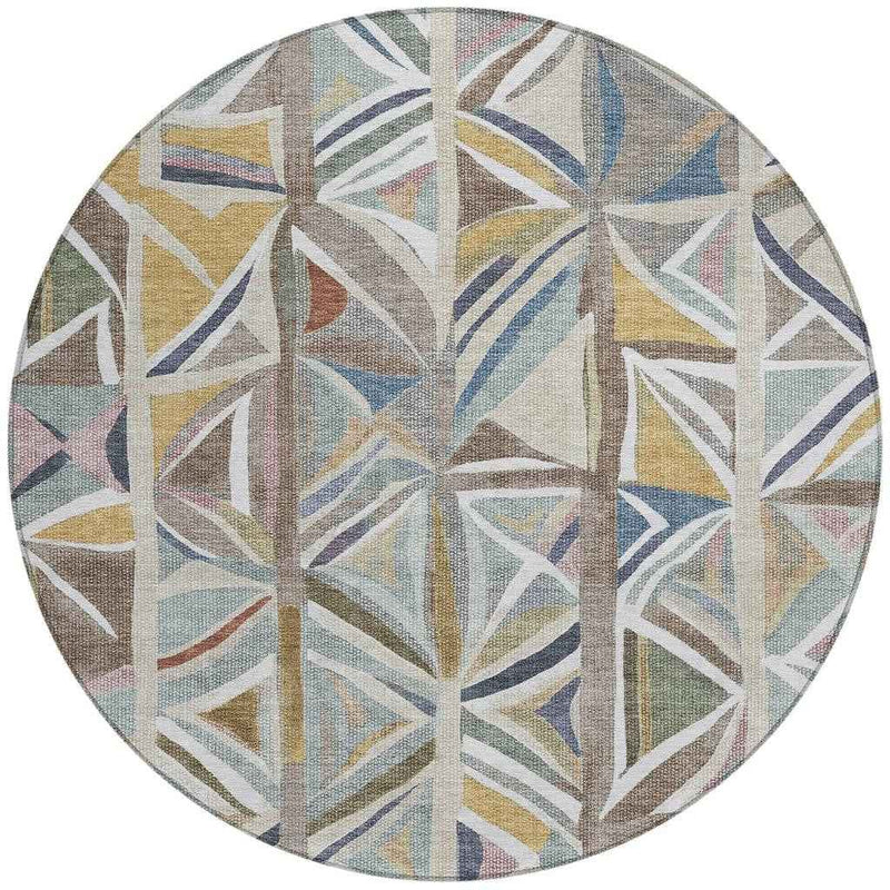 8' Taupe Ivory And Gold Round Geometric Washable Indoor Outdoor Area Rug