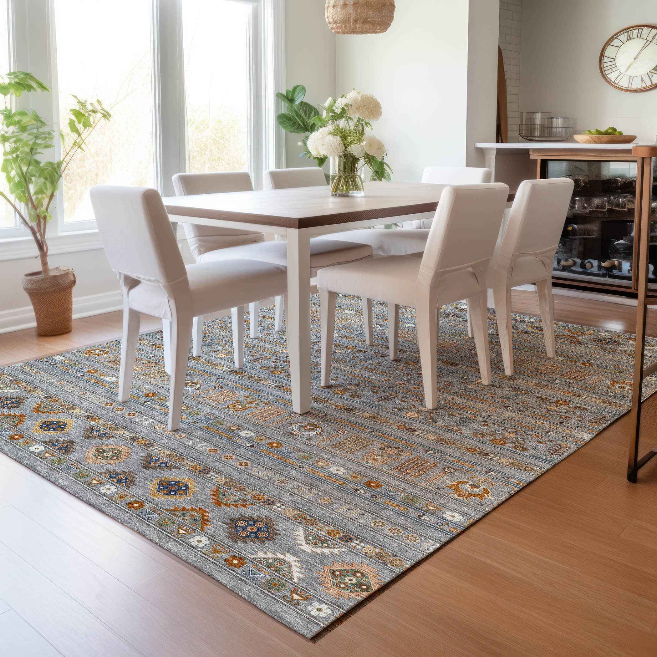 8' X 10' Gray Blue And Copper Tribal Washable Indoor Outdoor Area Rug