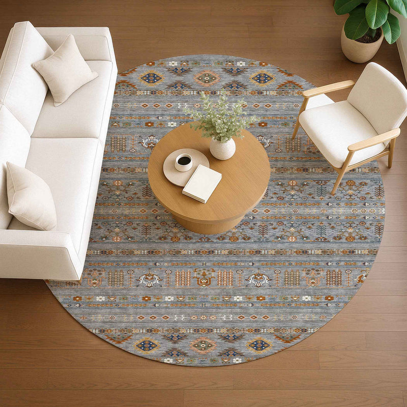 8' Gray Blue And Copper Round Tribal Washable Indoor Outdoor Area Rug