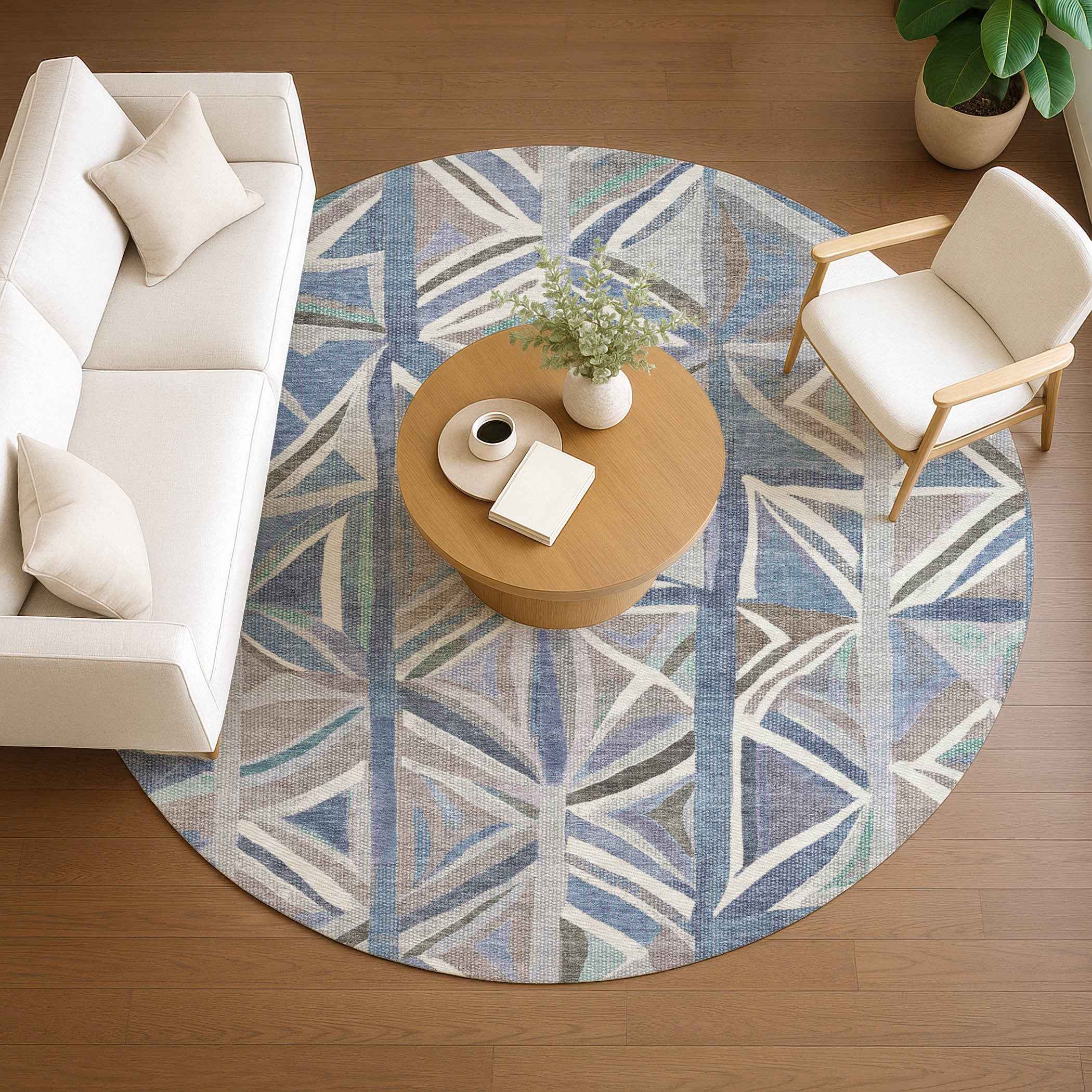 8' Denim Blue And Ivory Round Geometric Washable Indoor Outdoor Area Rug