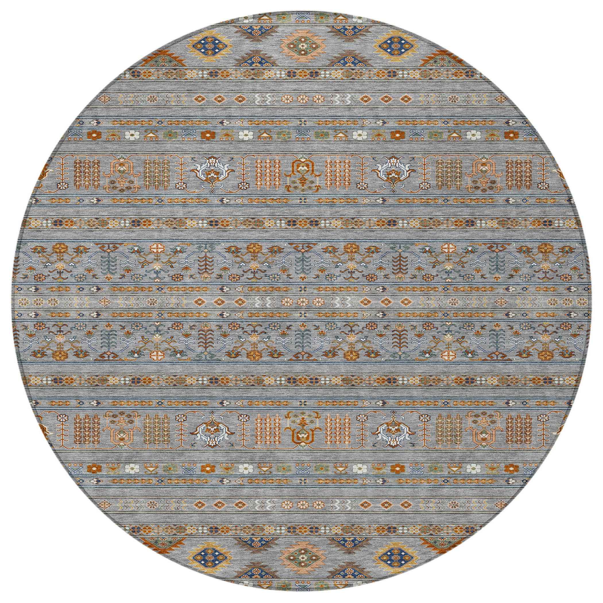 8' Gray Blue And Copper Round Tribal Washable Indoor Outdoor Area Rug