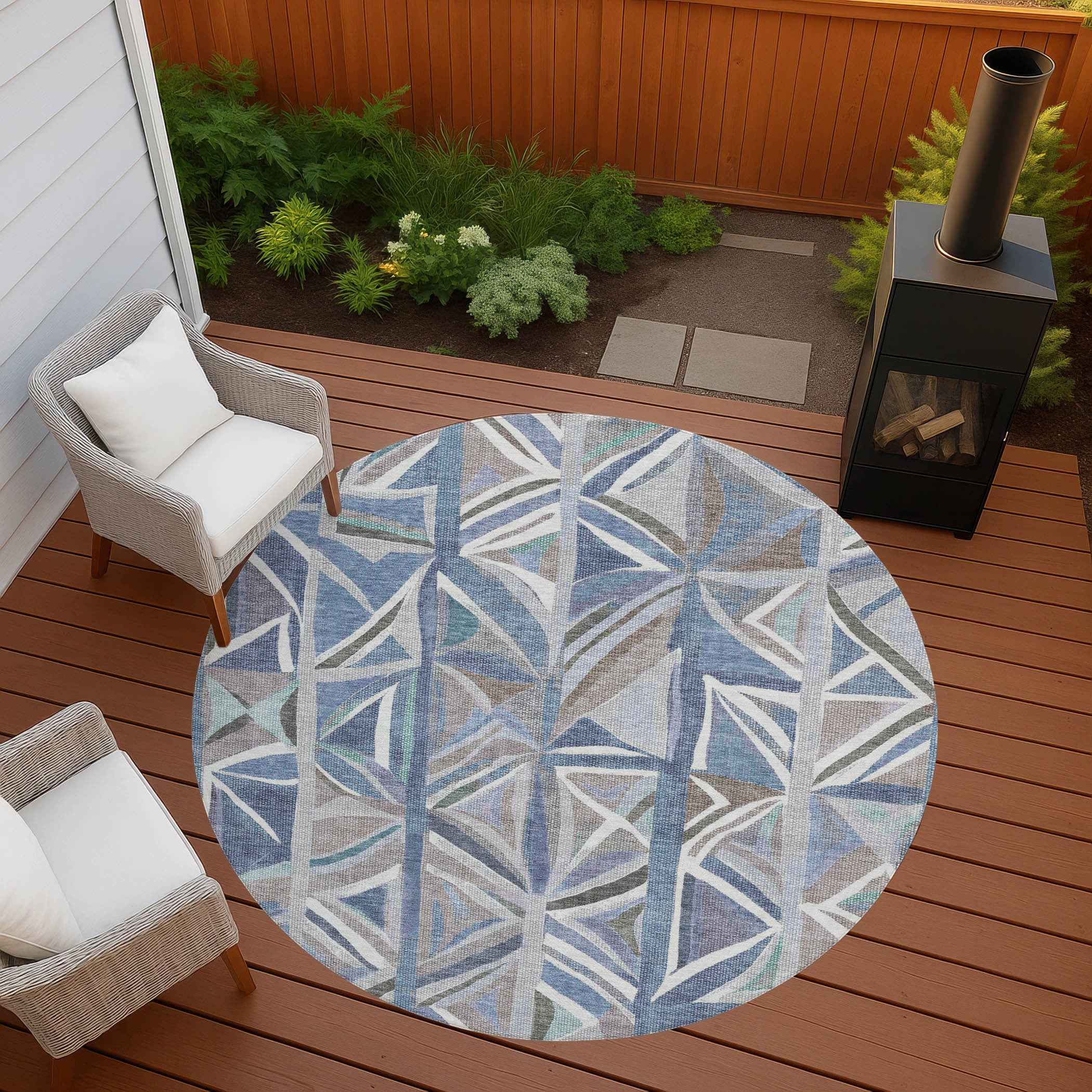 8' Denim Blue And Ivory Round Geometric Washable Indoor Outdoor Area Rug
