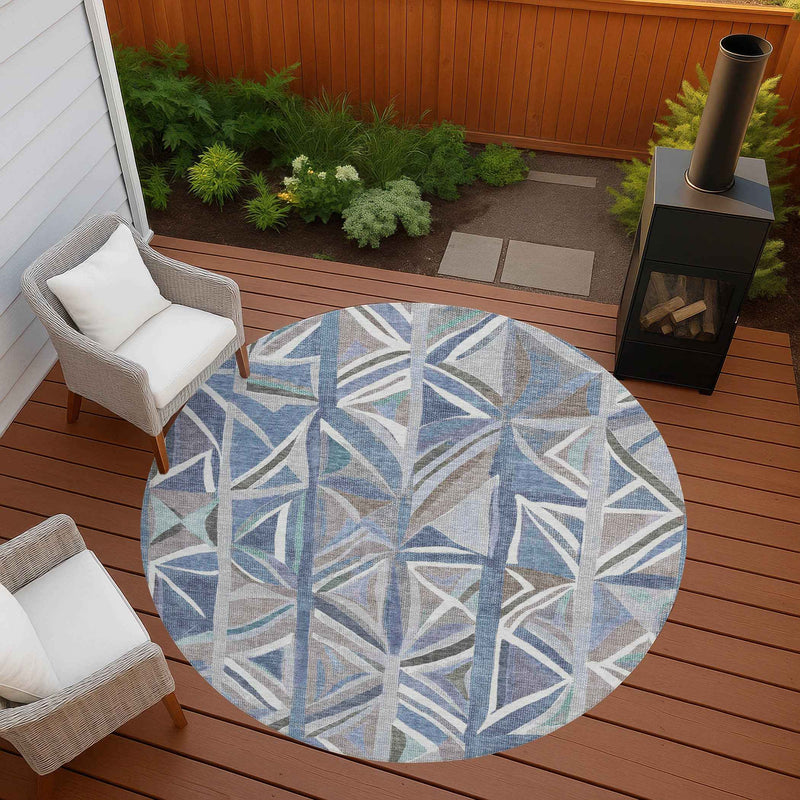 8' Denim Blue And Ivory Round Geometric Washable Indoor Outdoor Area Rug