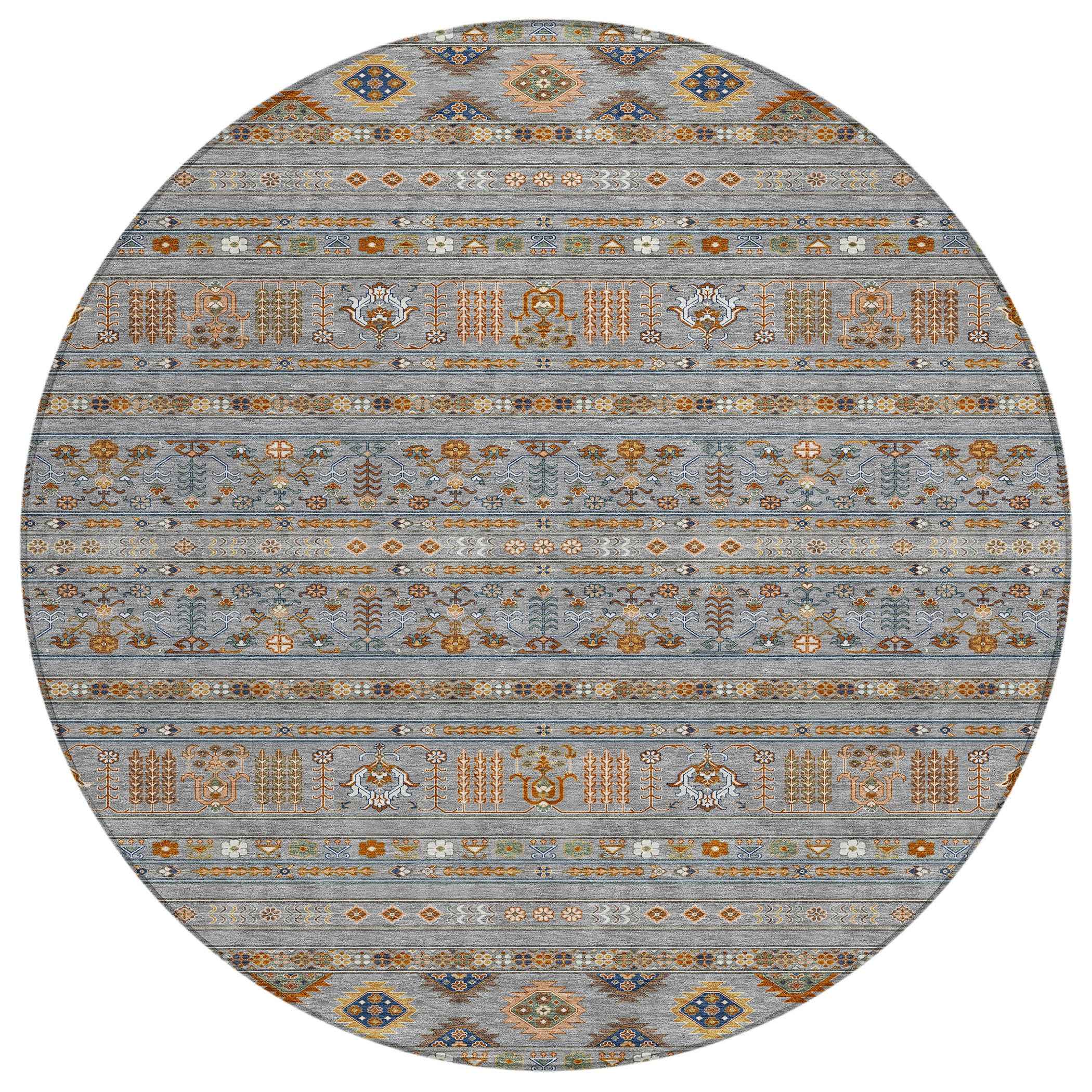8' Gray Blue And Copper Round Tribal Washable Indoor Outdoor Area Rug