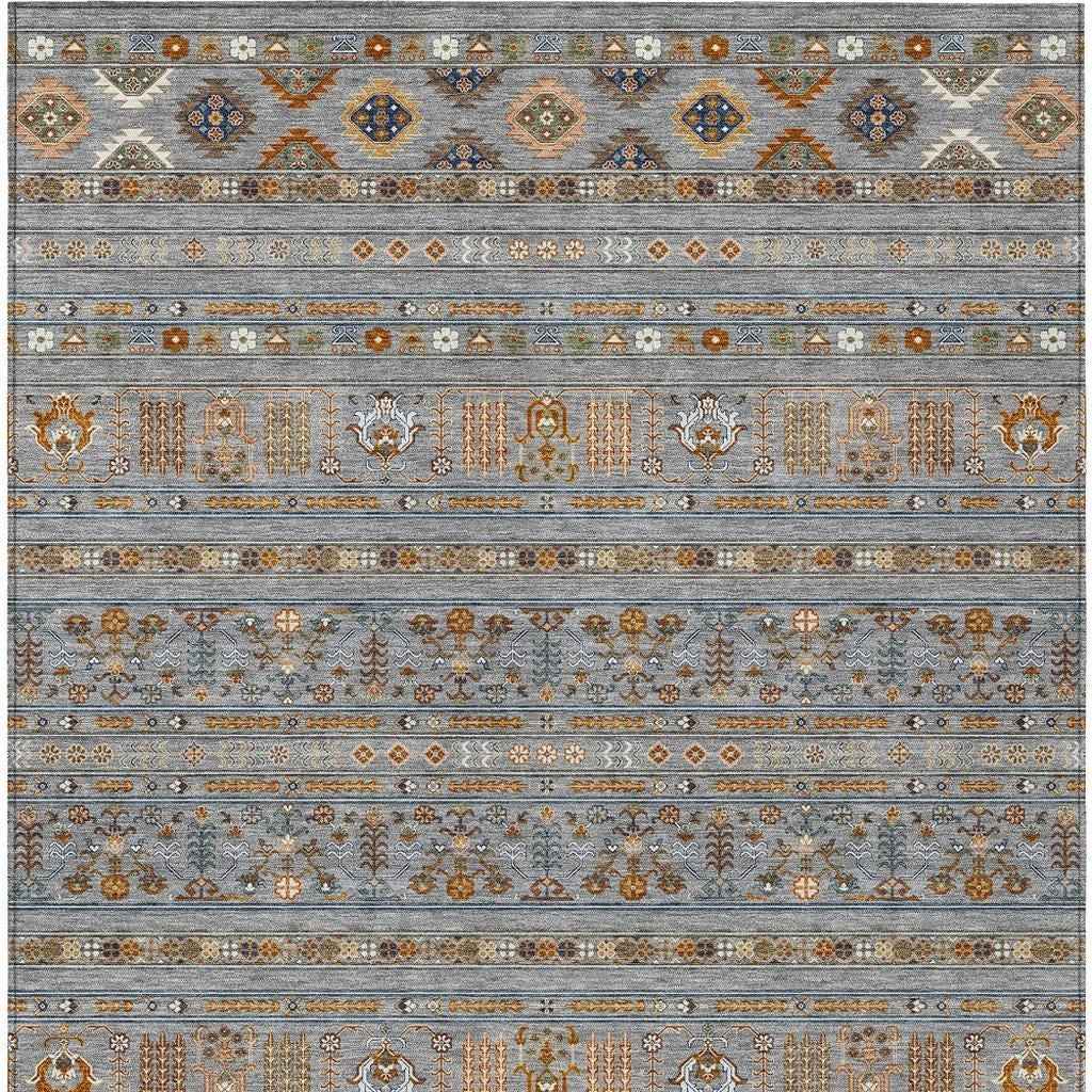 8' X 10' Gray Blue And Copper Tribal Washable Indoor Outdoor Area Rug