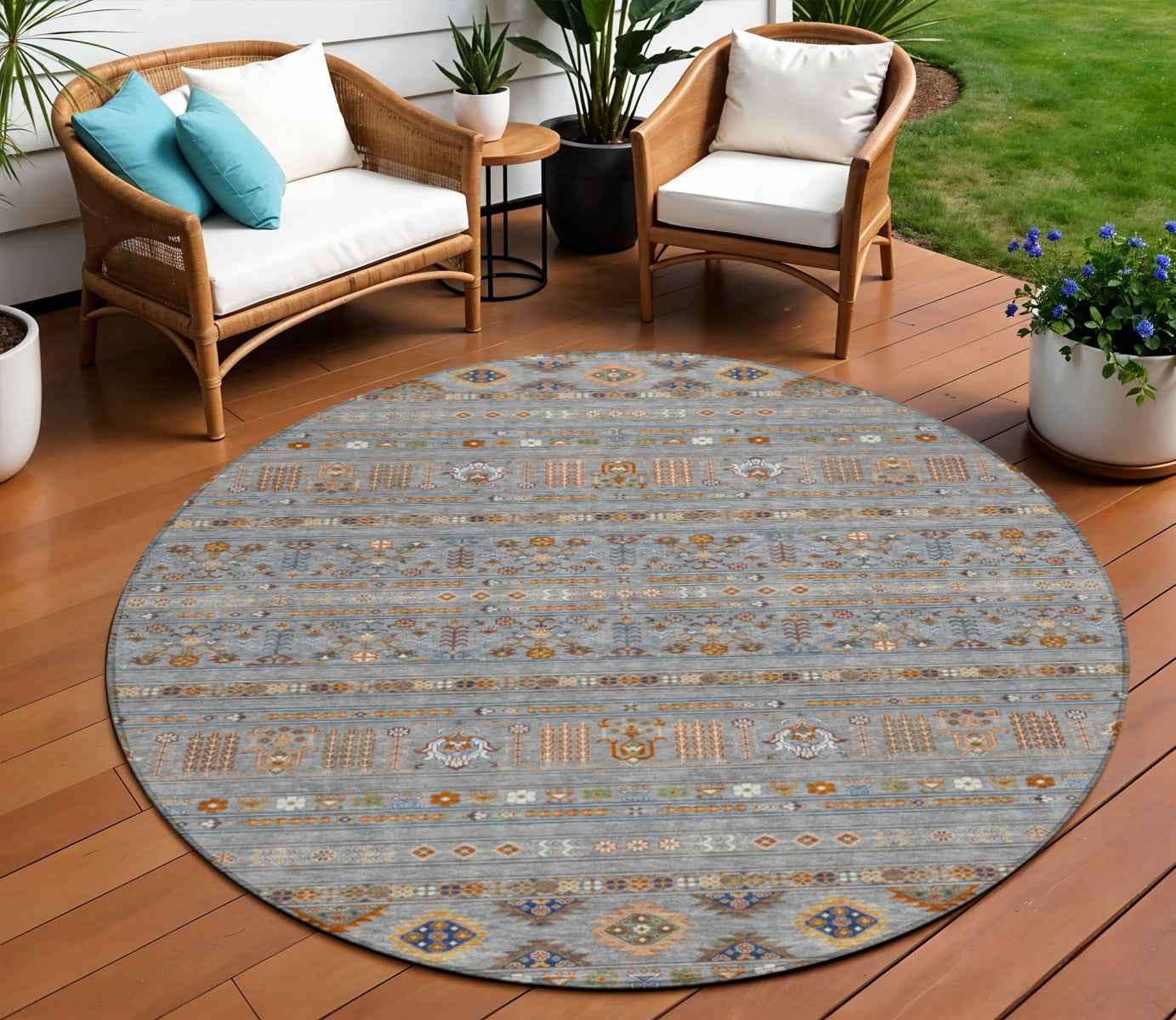 8' Gray Blue And Copper Round Tribal Washable Indoor Outdoor Area Rug