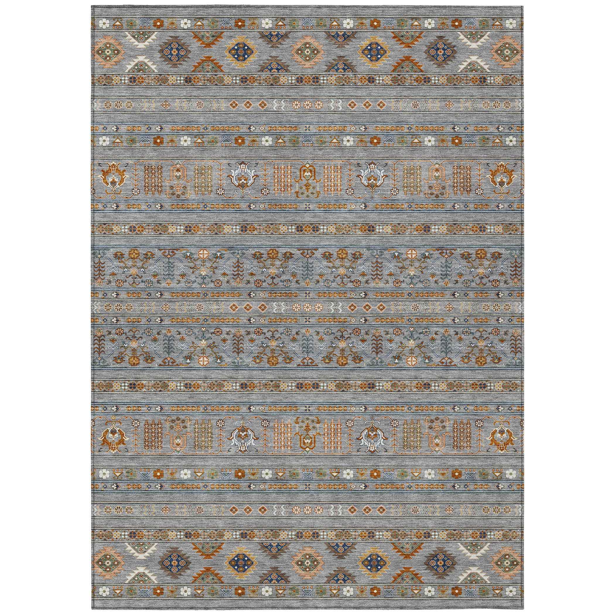 8' X 10' Gray Blue And Copper Tribal Washable Indoor Outdoor Area Rug