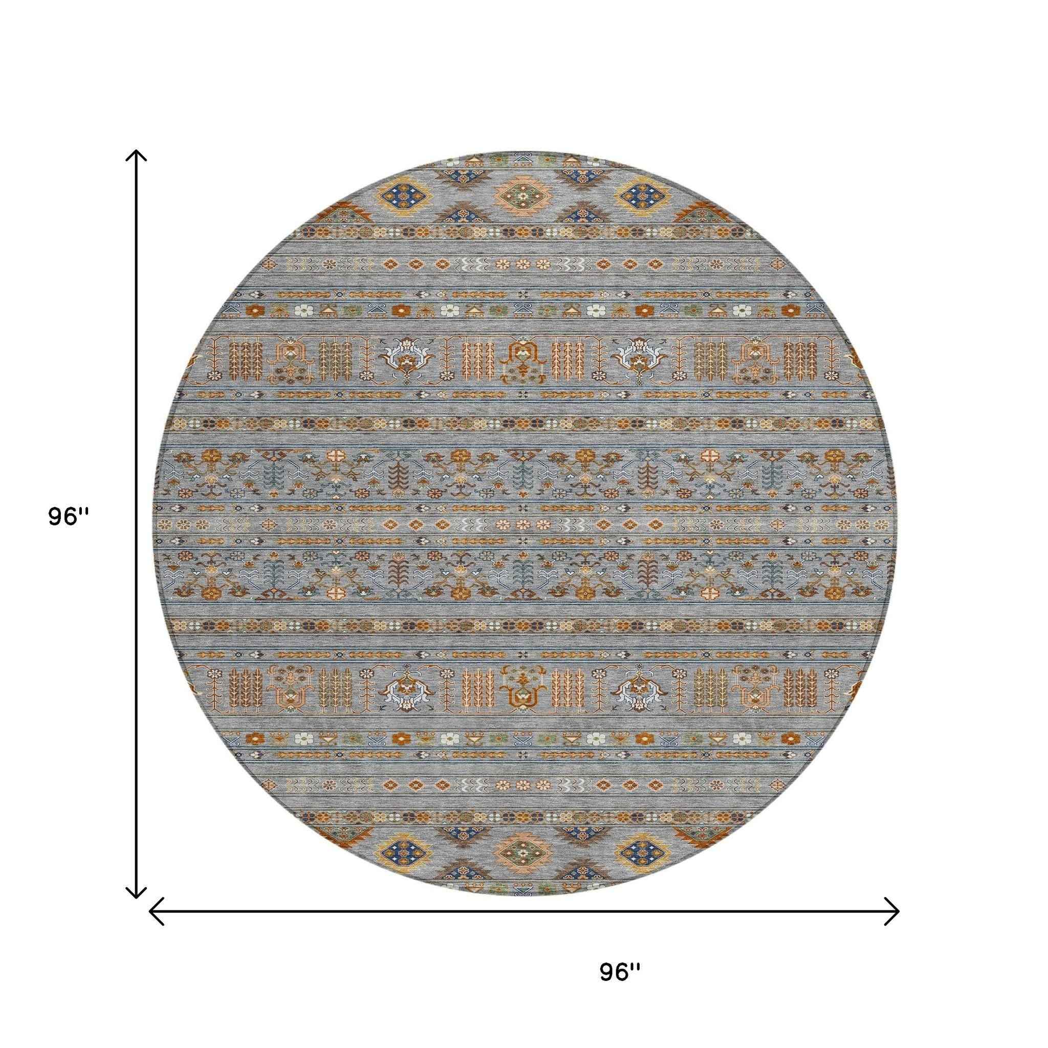 8' Gray Blue And Copper Round Tribal Washable Indoor Outdoor Area Rug