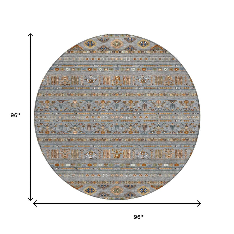 8' Gray Blue And Copper Round Tribal Washable Indoor Outdoor Area Rug