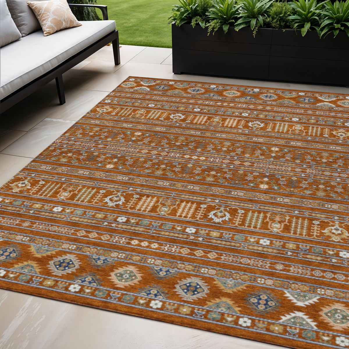 9' X 12' Rust Blue And Ivory Tribal Washable Indoor Outdoor Area Rug