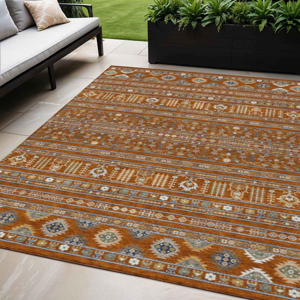 9' X 12' Rust Blue And Ivory Tribal Washable Indoor Outdoor Area Rug
