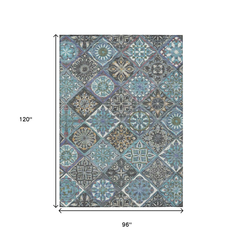 8' X 10' Teal Blue And Ivory Patchwork Washable Indoor Outdoor Area Rug
