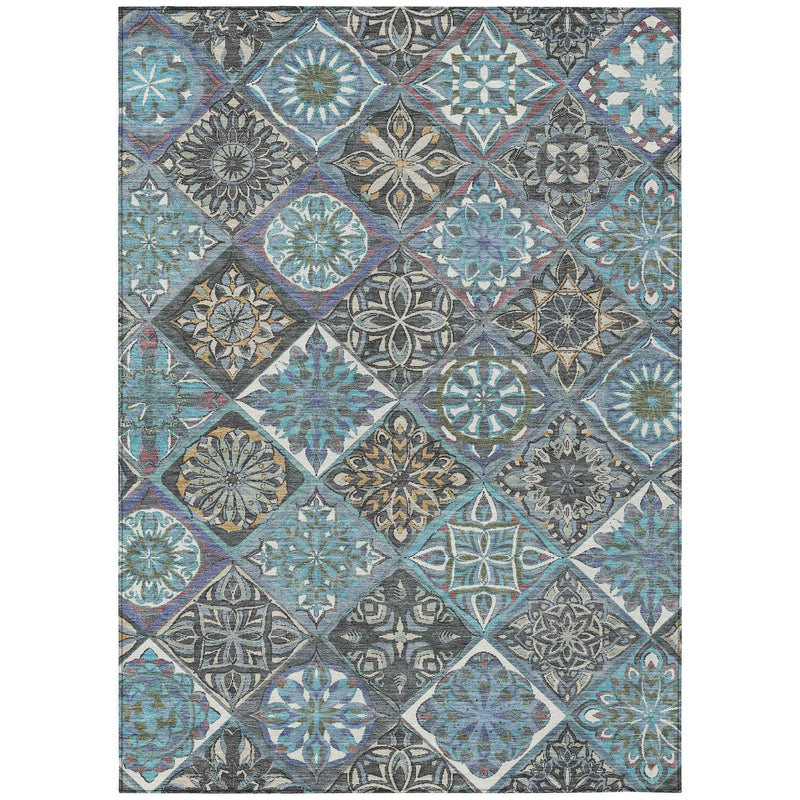 8' X 10' Teal Blue And Ivory Patchwork Washable Indoor Outdoor Area Rug
