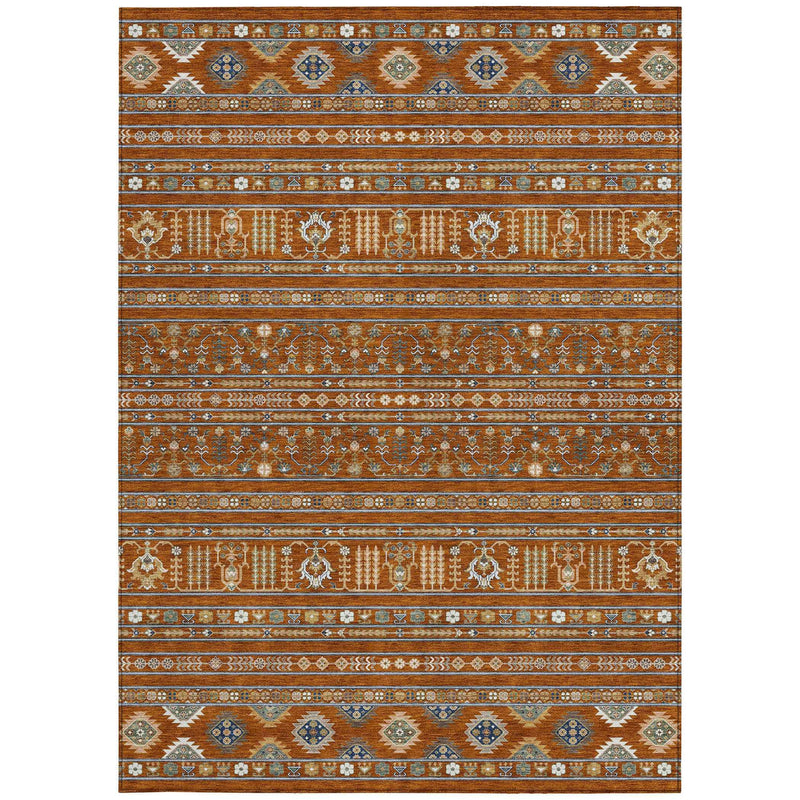 9' X 12' Rust Blue And Ivory Tribal Washable Indoor Outdoor Area Rug
