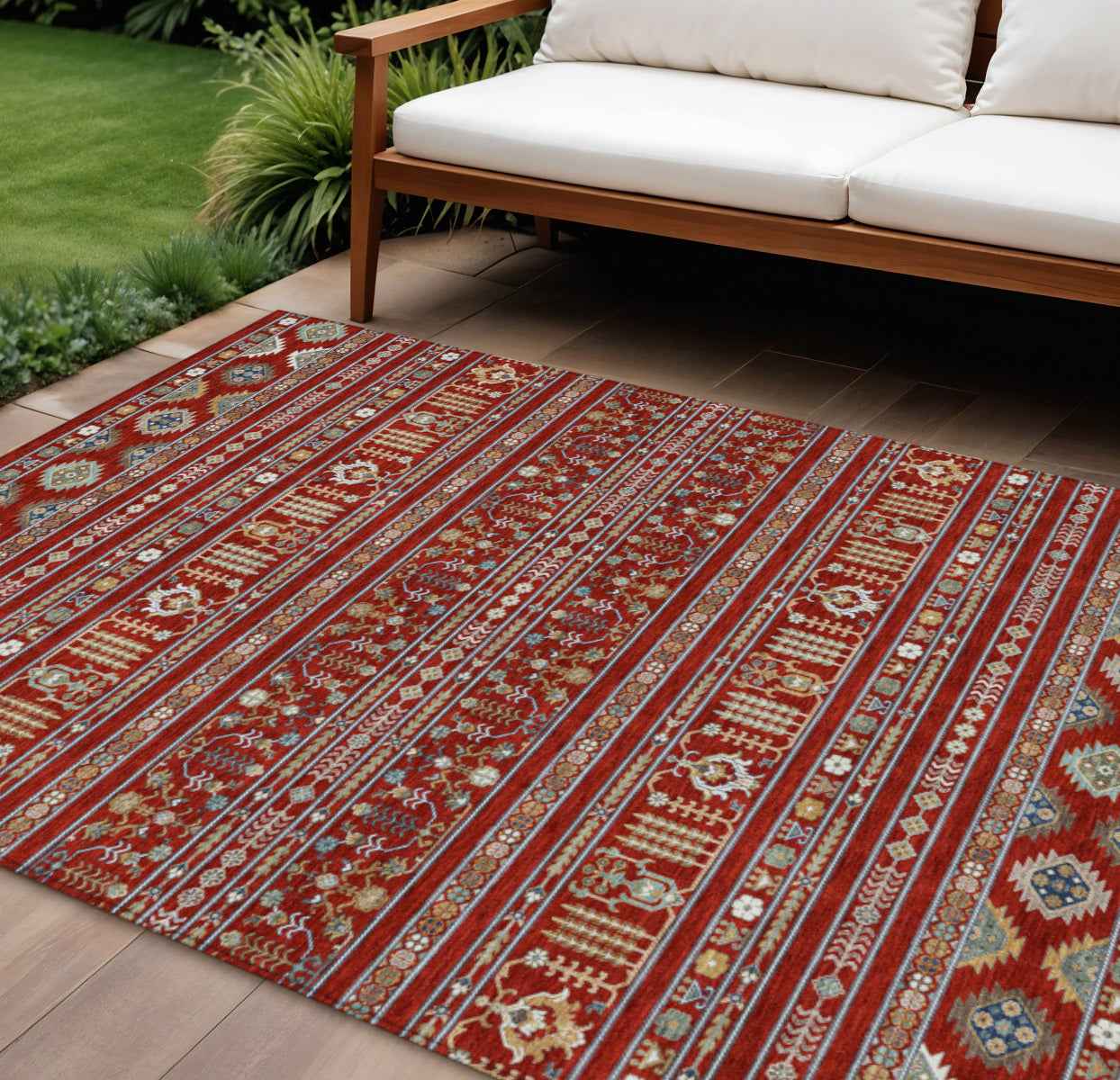 8' X 10' Red Gold And Blue Tribal Washable Indoor Outdoor Area Rug