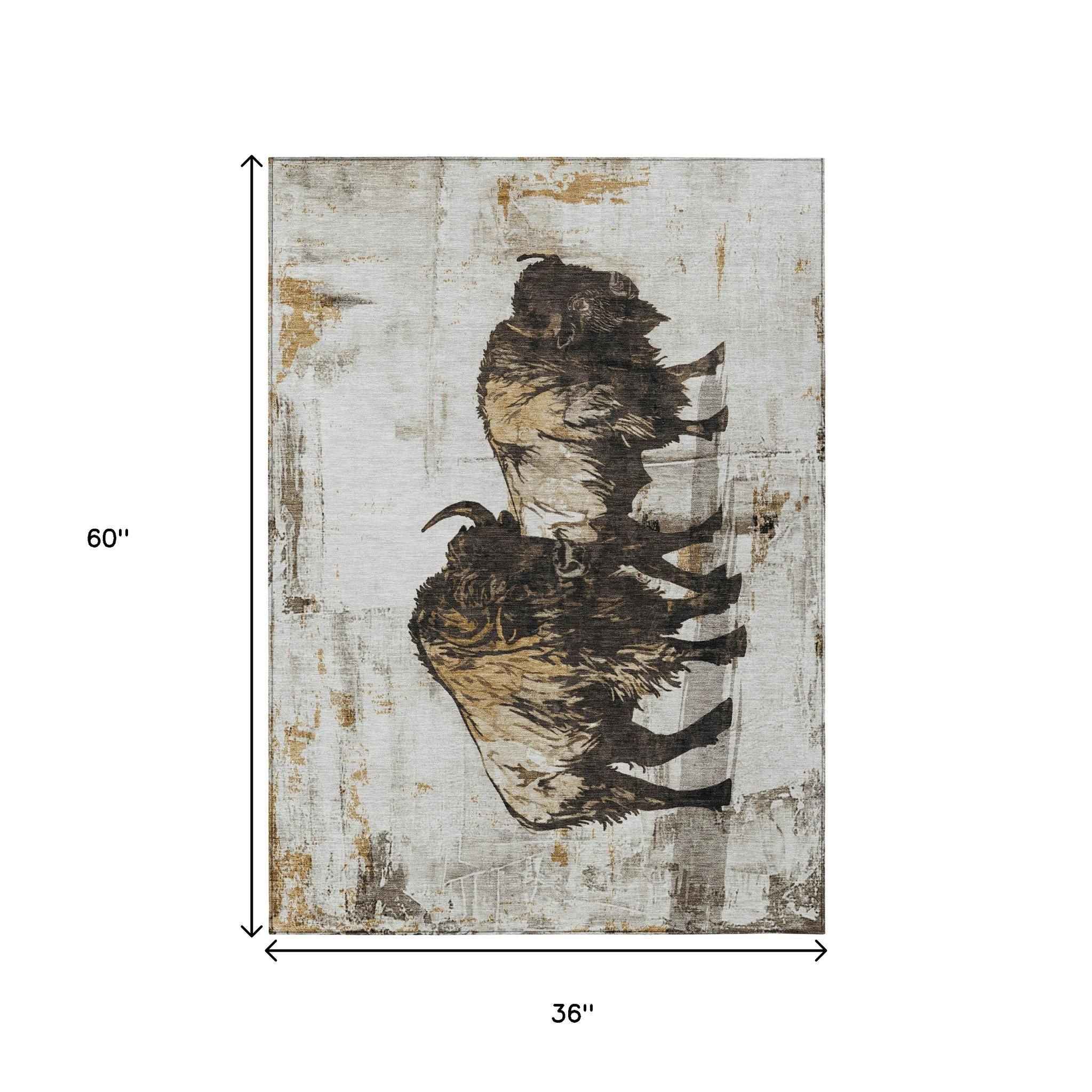 3' X 5' Beige Ivory And Charcoal Animal Print Washable Indoor Outdoor Area Rug