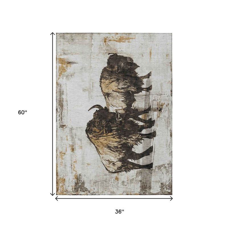 3' X 5' Beige Ivory And Charcoal Animal Print Washable Indoor Outdoor Area Rug