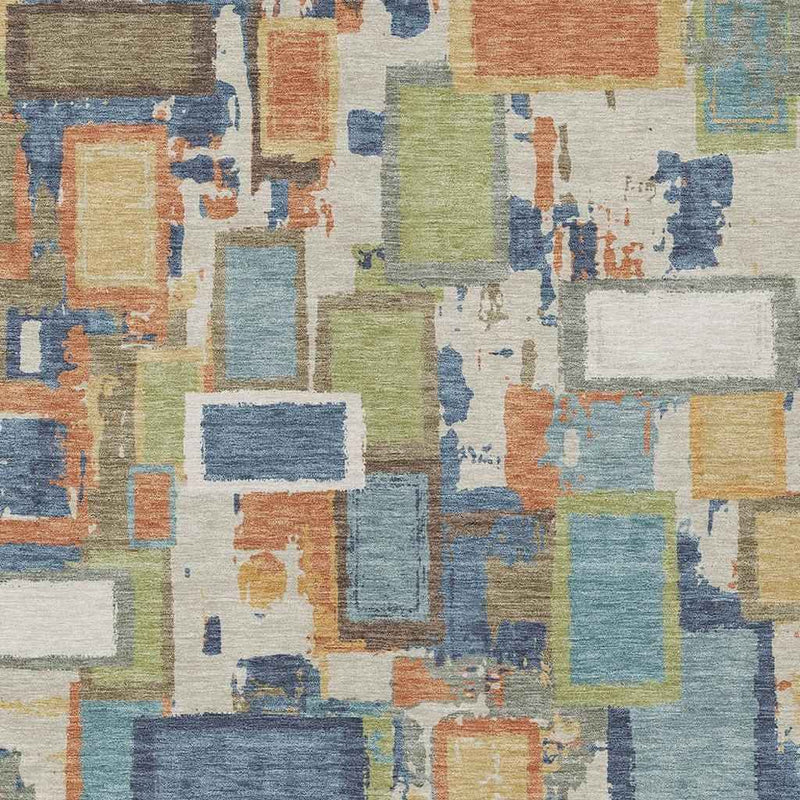 9' X 12' Denim Blue Copper And Green Geometric Washable Indoor Outdoor Area Rug