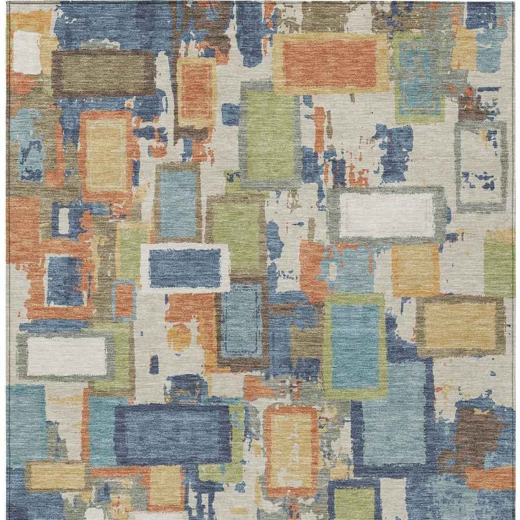9' X 12' Denim Blue Copper And Green Geometric Washable Indoor Outdoor Area Rug