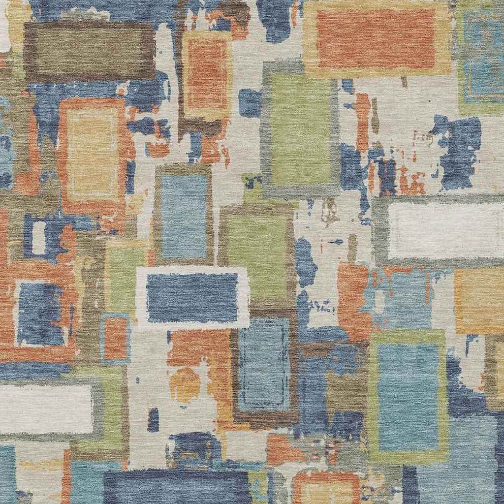 9' X 12' Denim Blue Copper And Green Geometric Washable Indoor Outdoor Area Rug