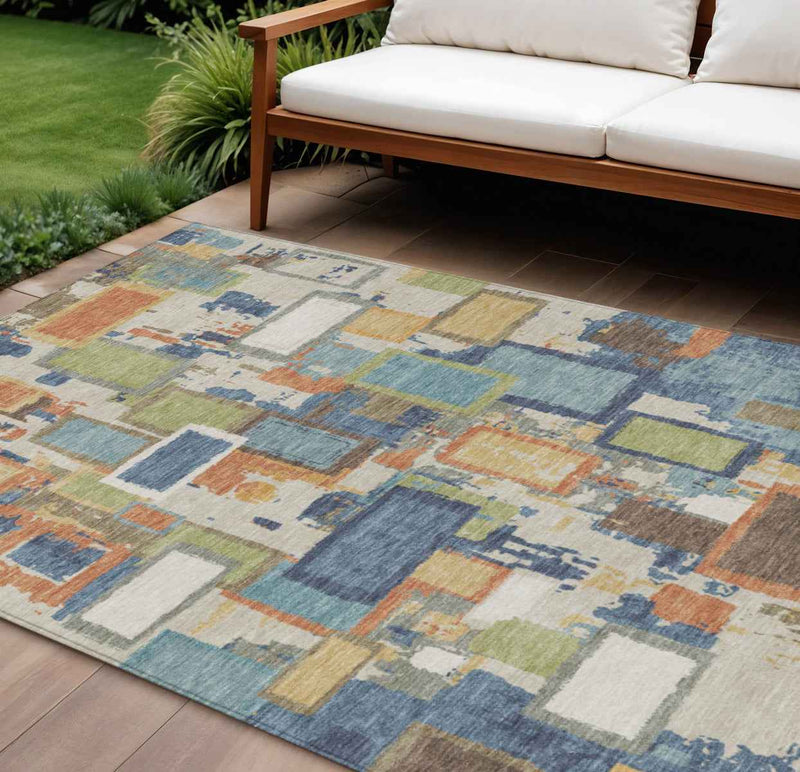 9' X 12' Denim Blue Copper And Green Geometric Washable Indoor Outdoor Area Rug