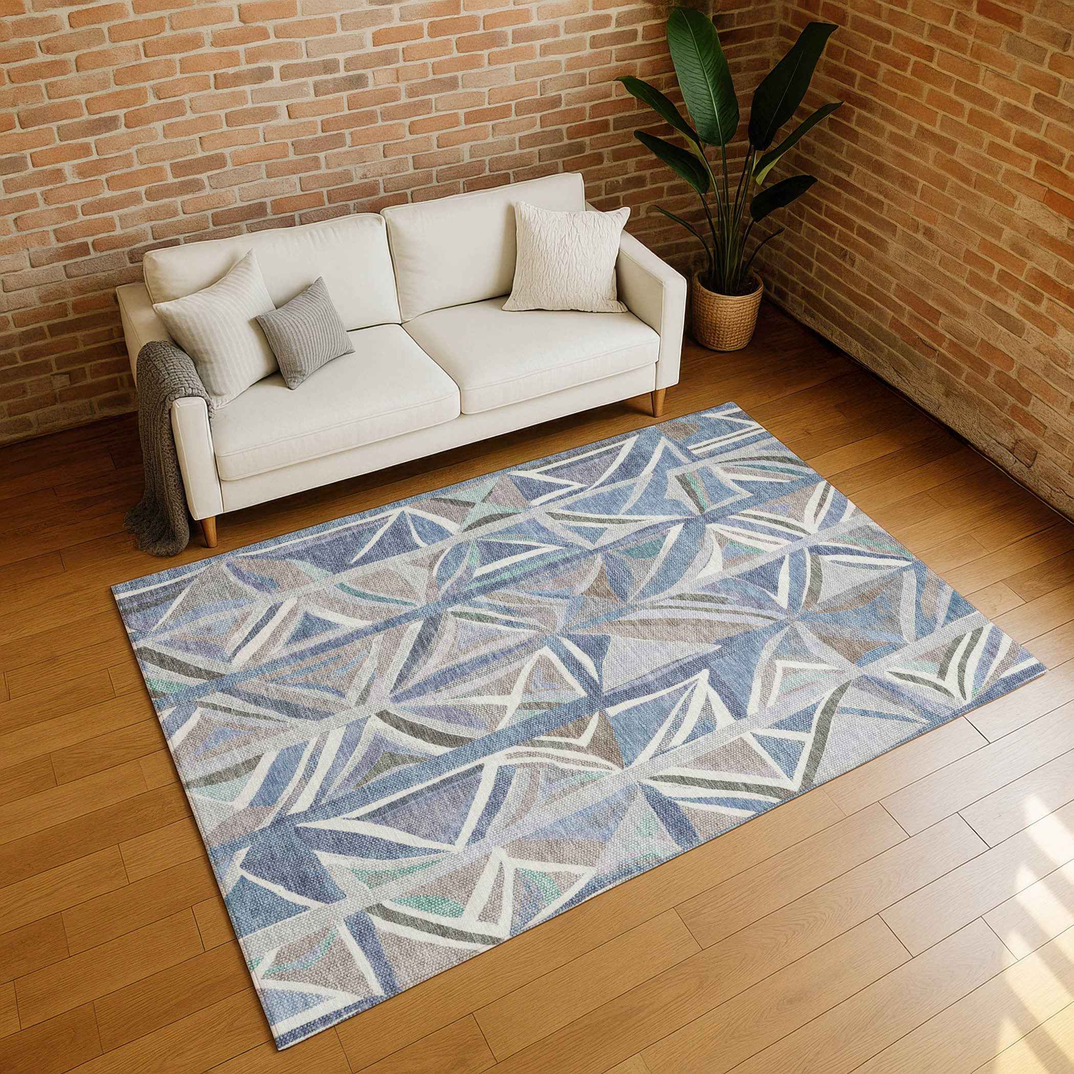 10' X 14' Denim Blue And Ivory Geometric Washable Indoor Outdoor Area Rug
