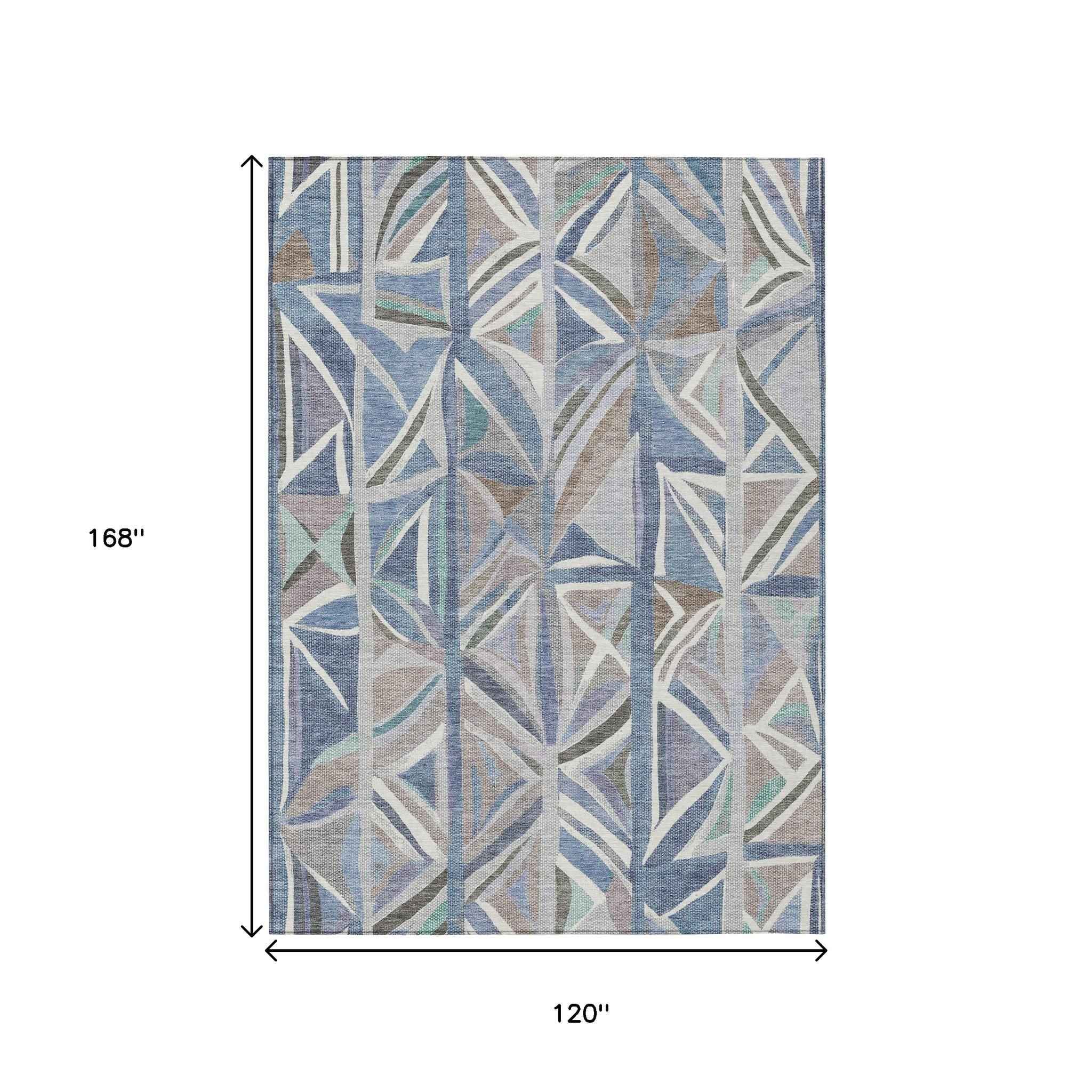 10' X 14' Denim Blue And Ivory Geometric Washable Indoor Outdoor Area Rug