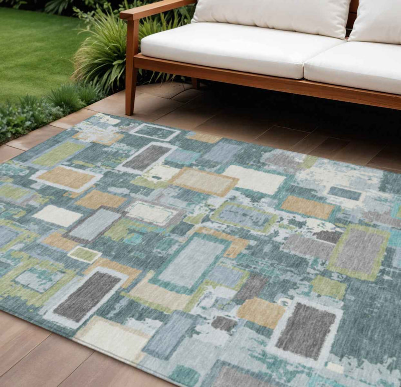 9' X 12' Teal Blue Green And Ivory Geometric Washable Indoor Outdoor Area Rug