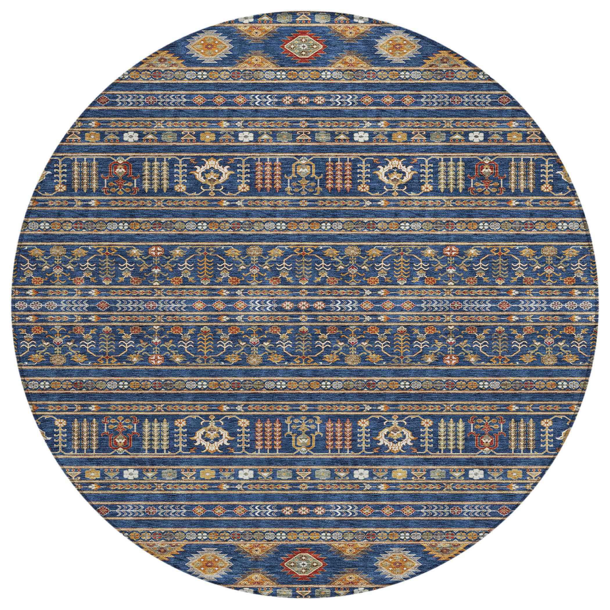 8' Navy Blue Copper And Gold Round Tribal Washable Indoor Outdoor Area Rug