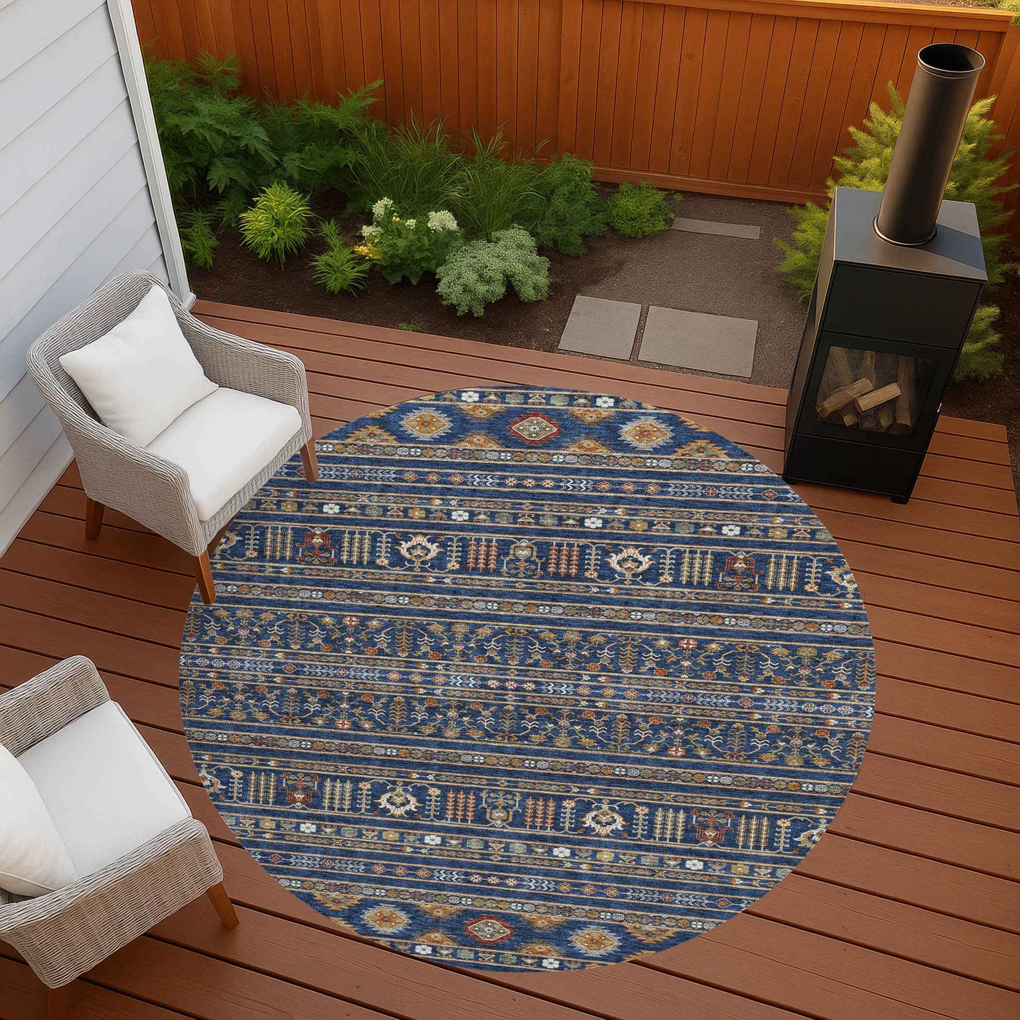8' Navy Blue Copper And Gold Round Tribal Washable Indoor Outdoor Area Rug