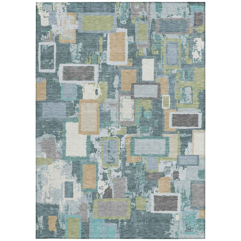 9' X 12' Teal Blue Green And Ivory Geometric Washable Indoor Outdoor Area Rug