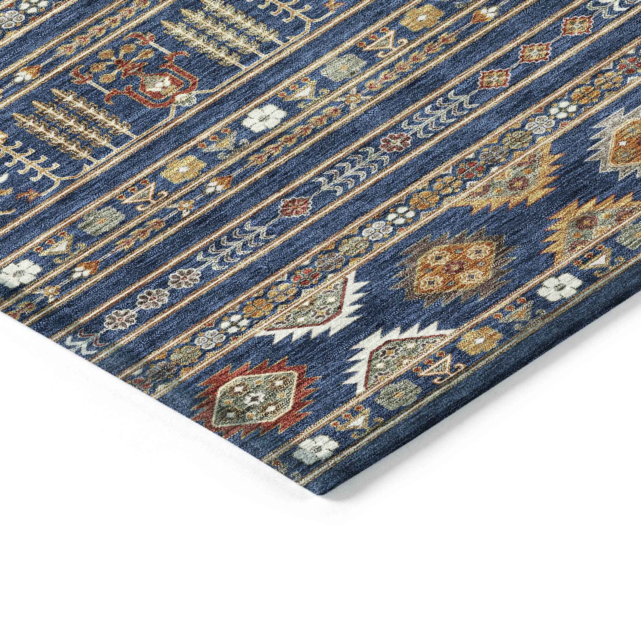 8' Navy Blue Copper And Gold Round Tribal Washable Indoor Outdoor Area Rug