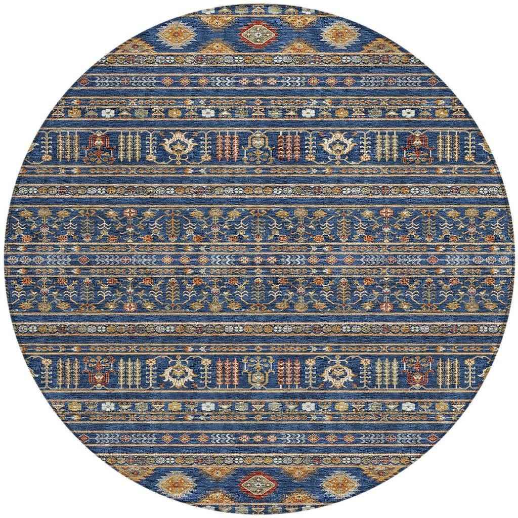 8' Navy Blue Copper And Gold Round Tribal Washable Indoor Outdoor Area Rug