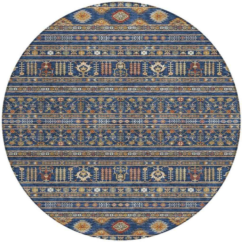 8' Navy Blue Copper And Gold Round Tribal Washable Indoor Outdoor Area Rug