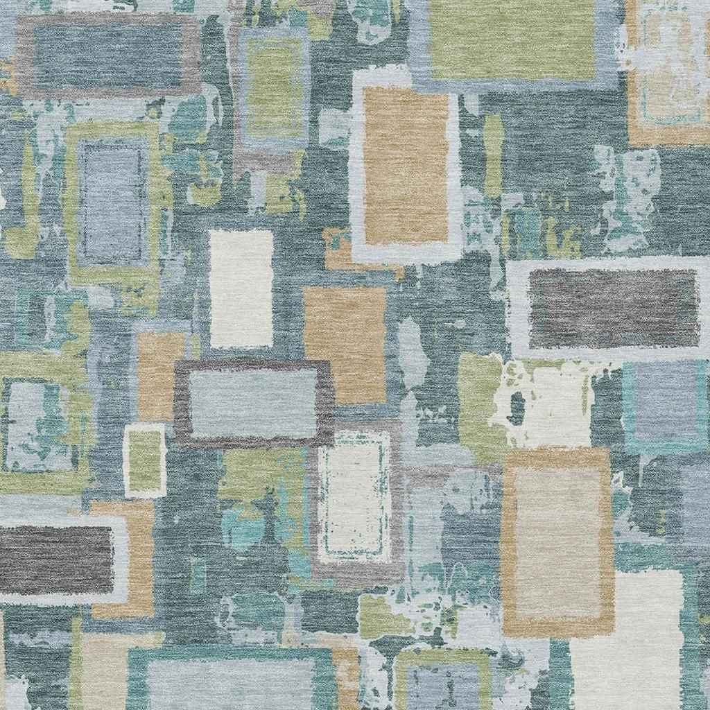 9' X 12' Teal Blue Green And Ivory Geometric Washable Indoor Outdoor Area Rug