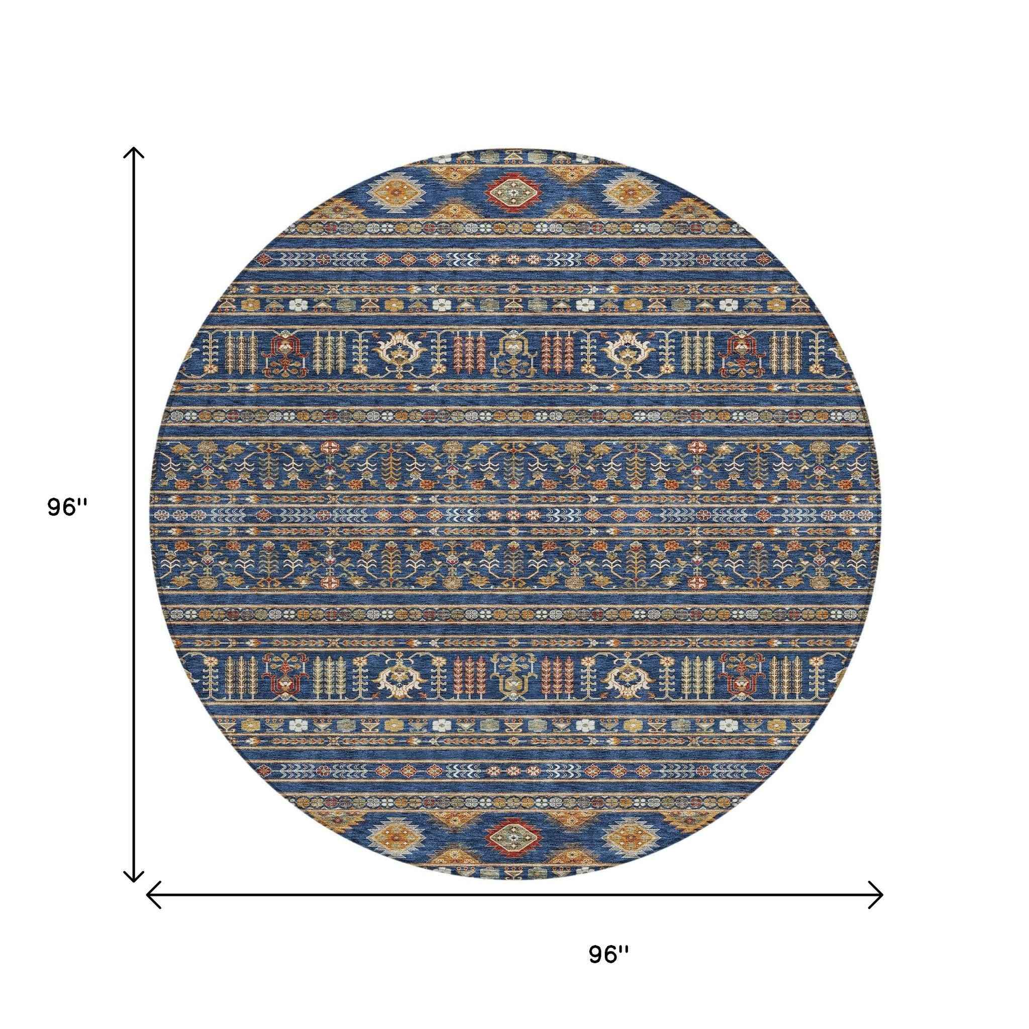 8' Navy Blue Copper And Gold Round Tribal Washable Indoor Outdoor Area Rug
