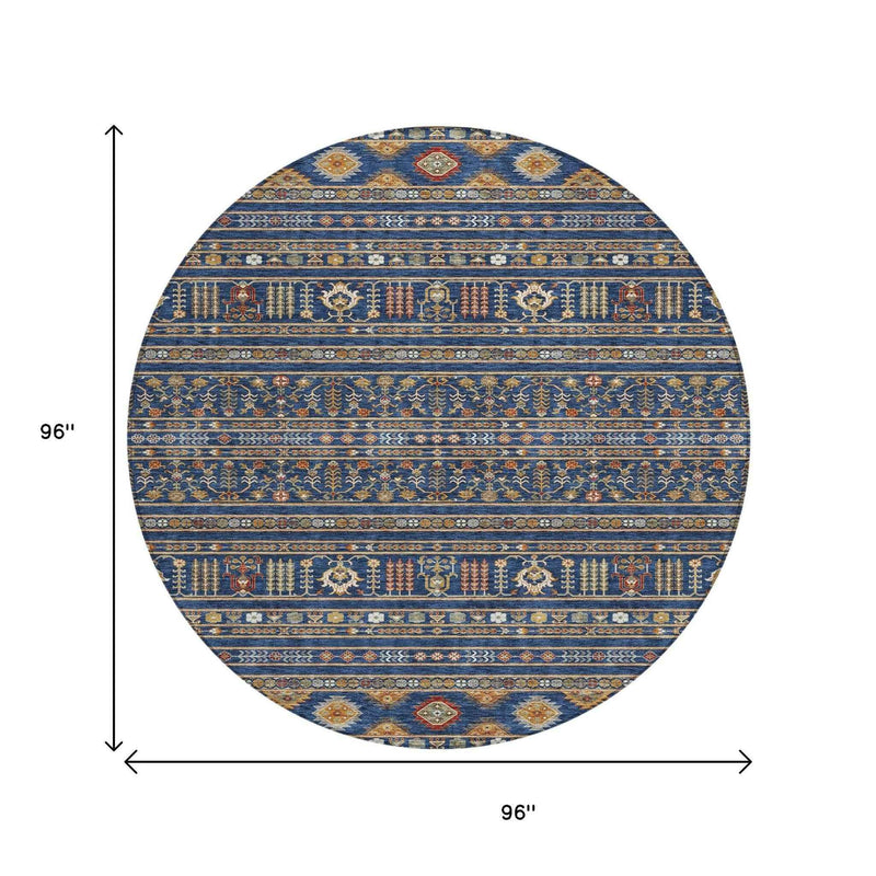 8' Navy Blue Copper And Gold Round Tribal Washable Indoor Outdoor Area Rug