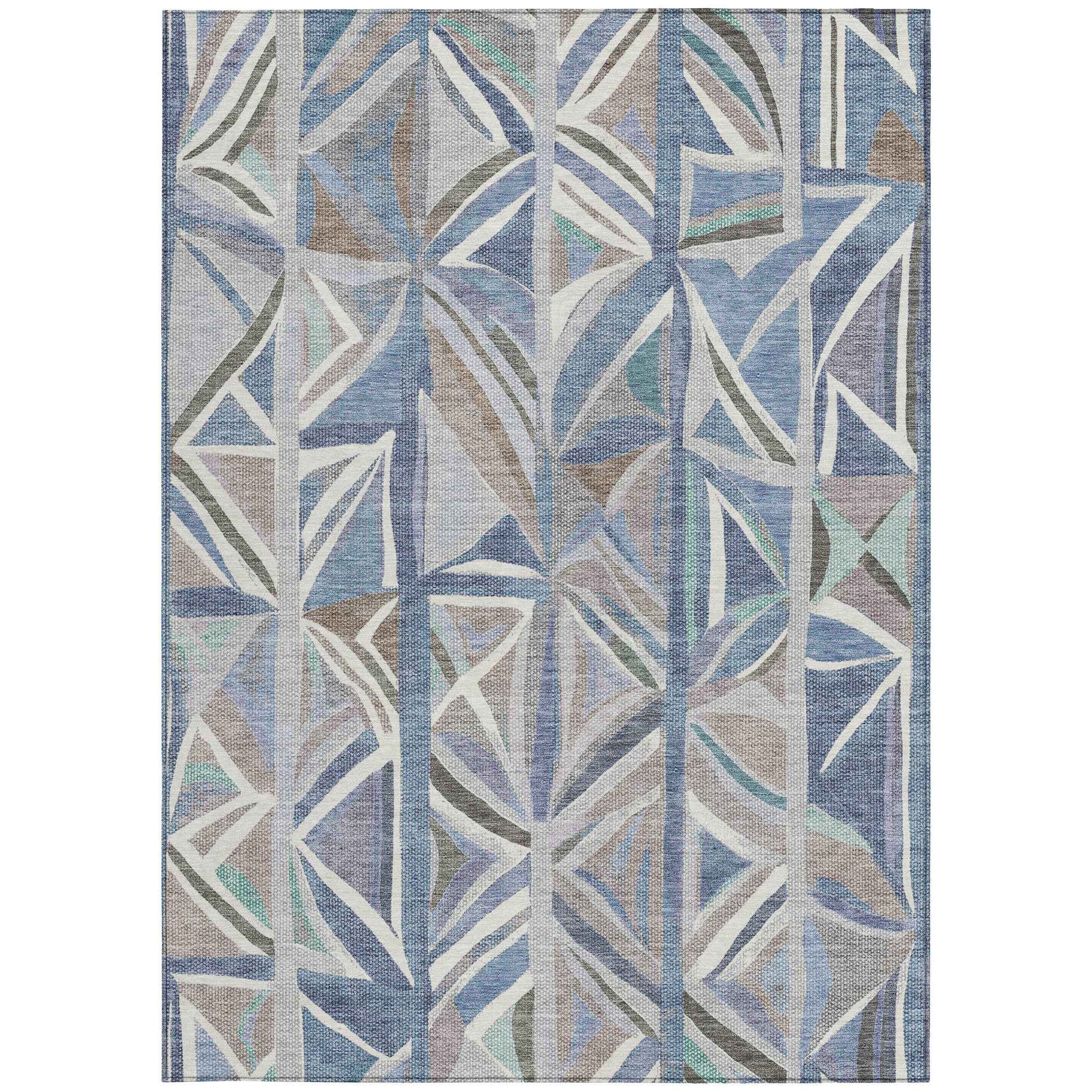 8' X 10' Denim Blue And Ivory Geometric Washable Indoor Outdoor Area Rug