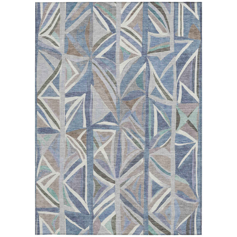 8' X 10' Denim Blue And Ivory Geometric Washable Indoor Outdoor Area Rug