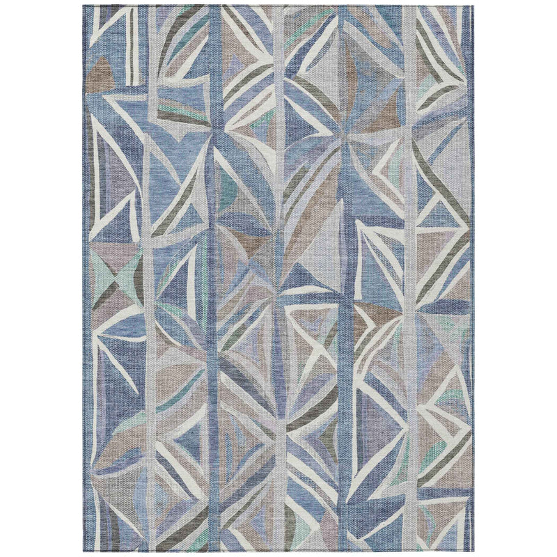 8' X 10' Denim Blue And Ivory Geometric Washable Indoor Outdoor Area Rug