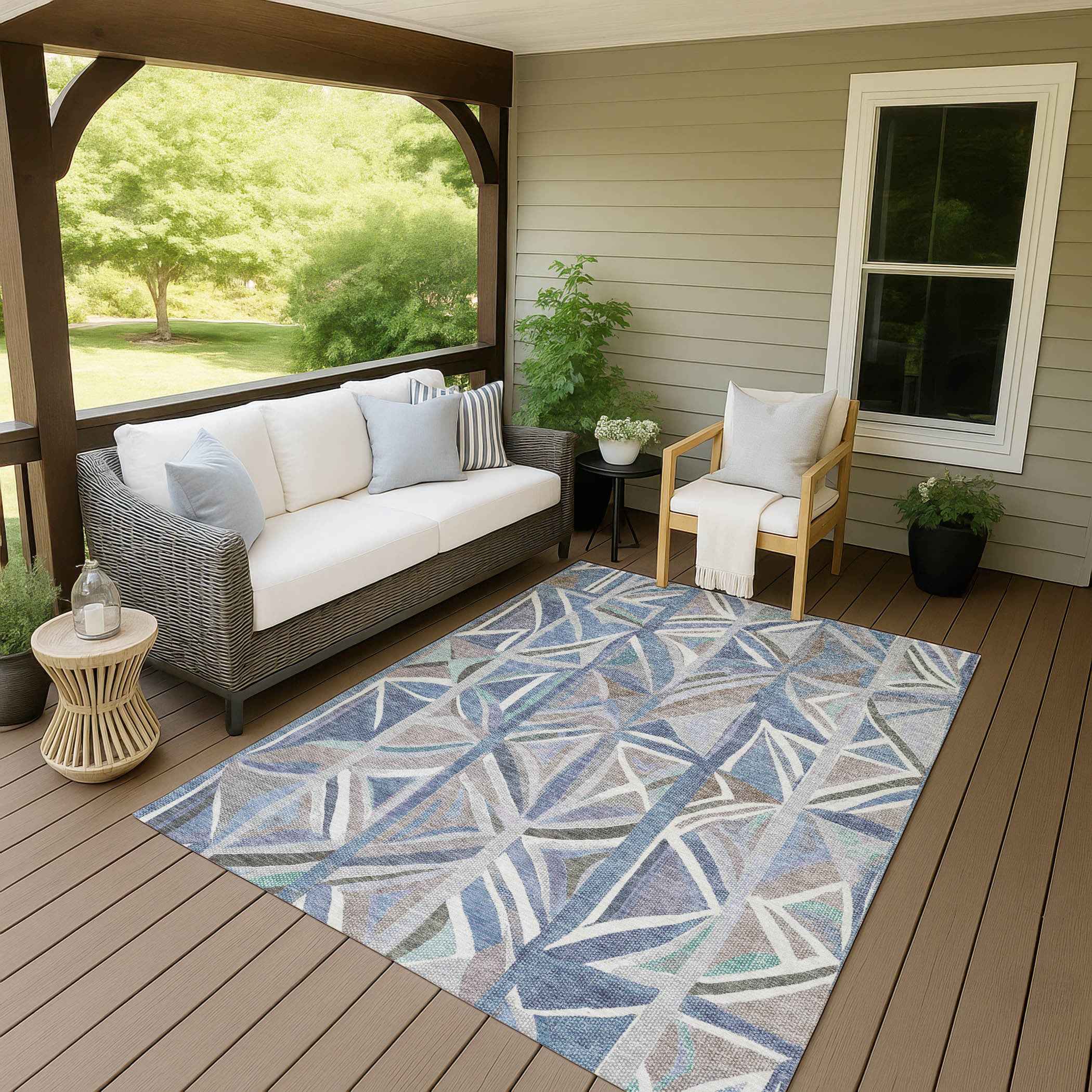 8' X 10' Denim Blue And Ivory Geometric Washable Indoor Outdoor Area Rug