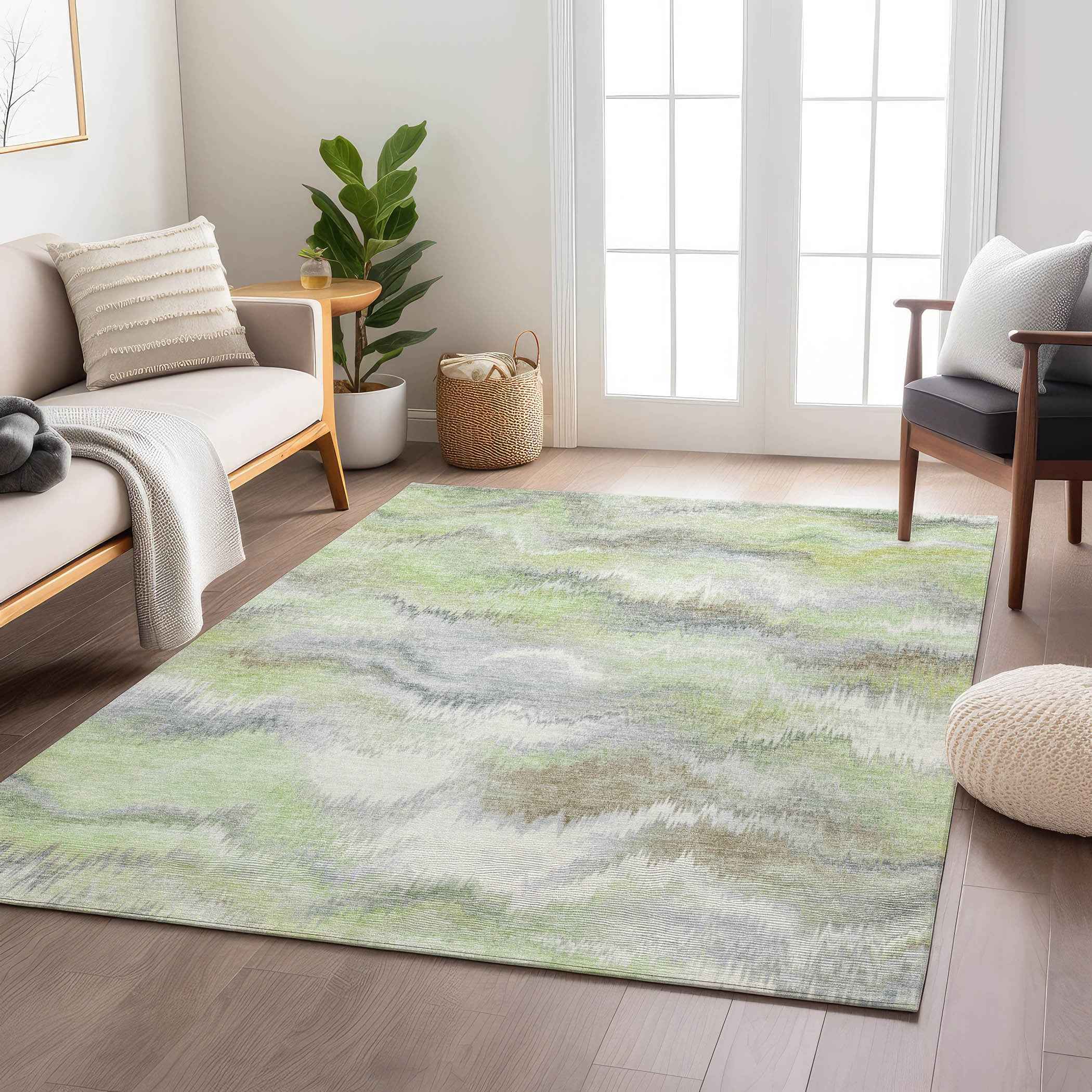 3' X 5' Artichoke Green And Ivory Abstract Washable Indoor Outdoor Area Rug