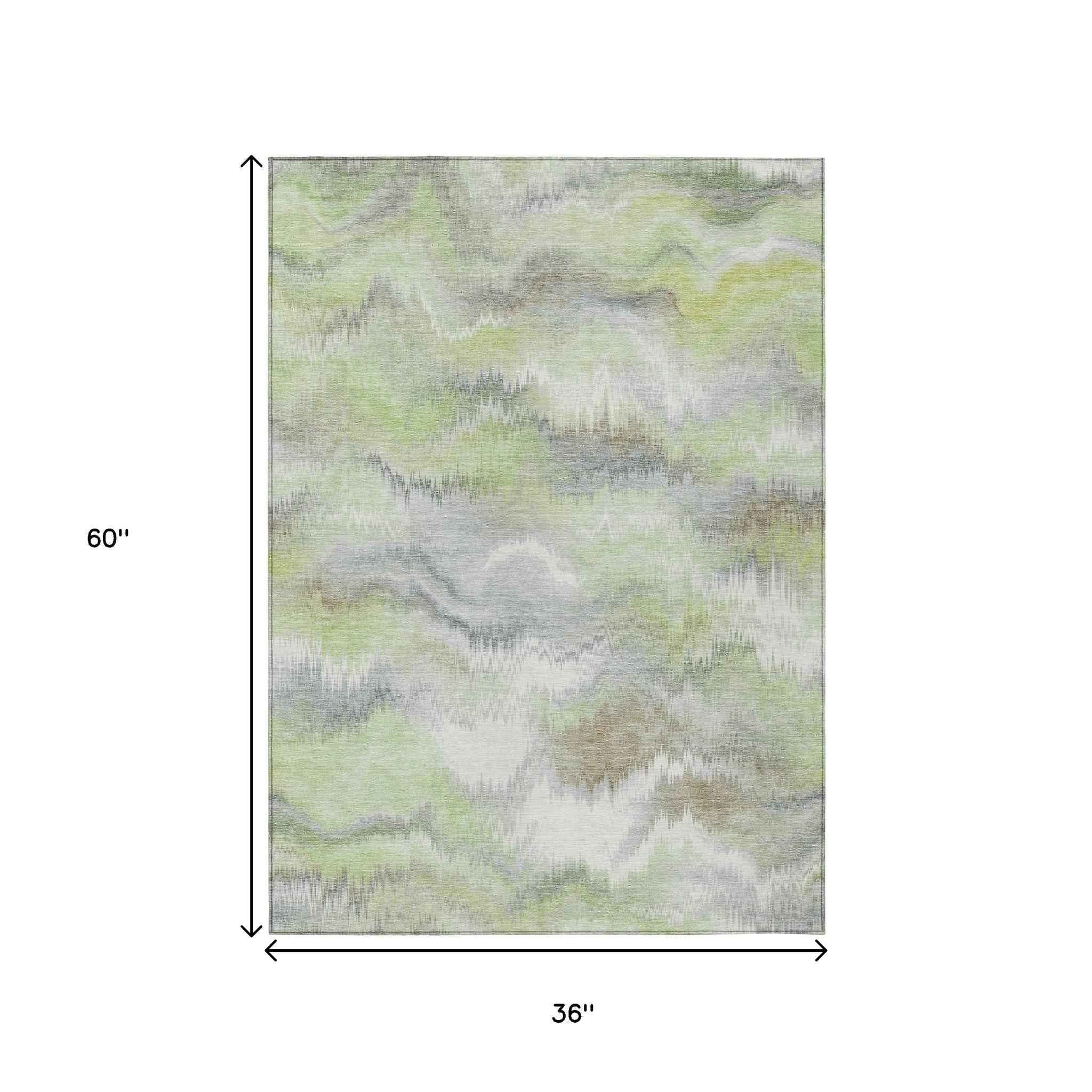 3' X 5' Artichoke Green And Ivory Abstract Washable Indoor Outdoor Area Rug