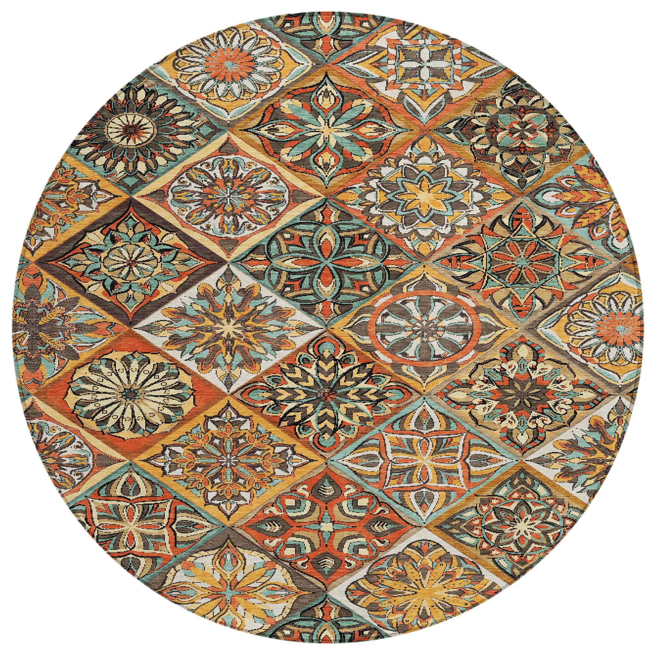 8' Gold And Orange Round Patchwork Washable Indoor Outdoor Area Rug