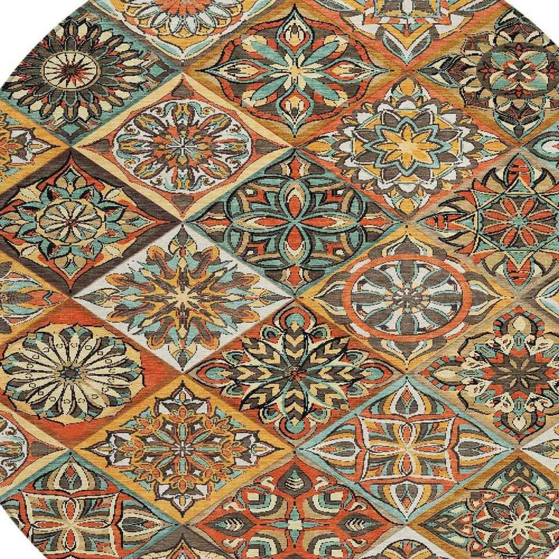 8' Gold And Orange Round Patchwork Washable Indoor Outdoor Area Rug
