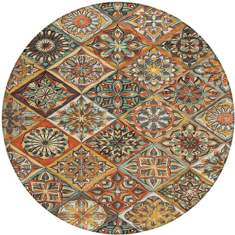8' Gold And Orange Round Patchwork Washable Indoor Outdoor Area Rug