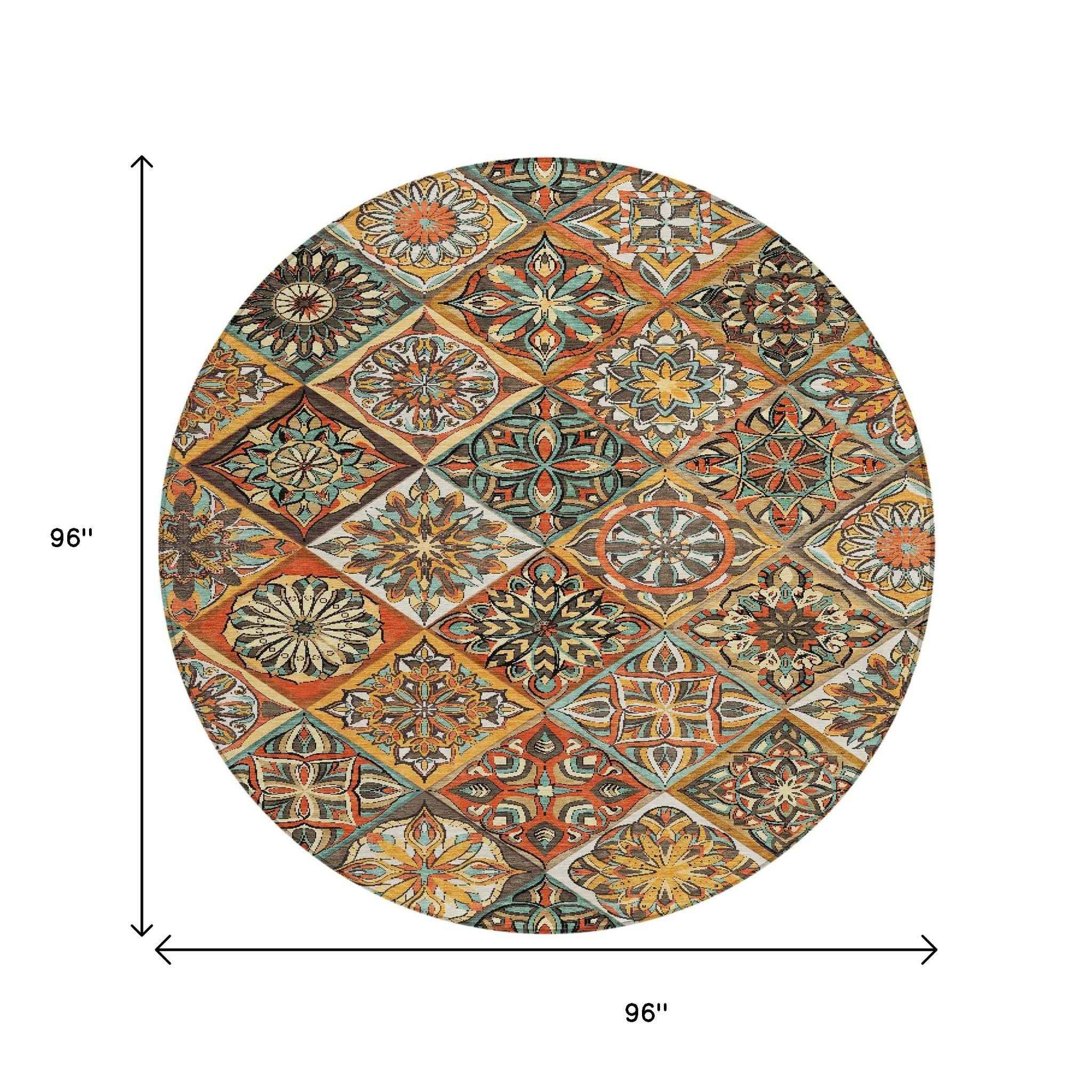 8' Gold And Orange Round Patchwork Washable Indoor Outdoor Area Rug